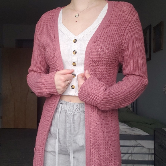 Chesley Sweaters - Long Mauve Pink Knit Cardigan Love by Chesley